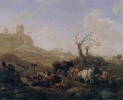 William Romeyn Cattle and sheep by a stream in a pasture,a town beyond oil painting on canvas